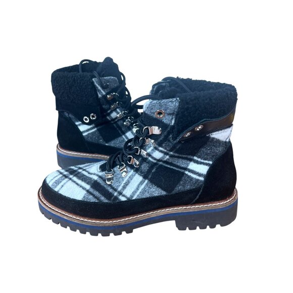 Talbots Jilly Hike Black & Ivory Plaid Lace-Up Ankle Boots Faux Size 7.5M - Picture 3 of 12